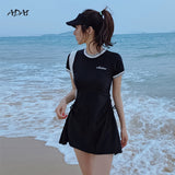 Kukombo Cute Swimsuit Women Swimwear Girl Korean Style O Neck 2 Piece Sets Strap Waist Skirt Swimming Bathing Suit Beach Wear Monokini