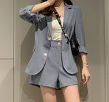 Kukombo Casual Women Pant Suits Loose Blazer & High Waist Wide Leg Shorts Summer Autumn 2 Pieces Blazer Set Female