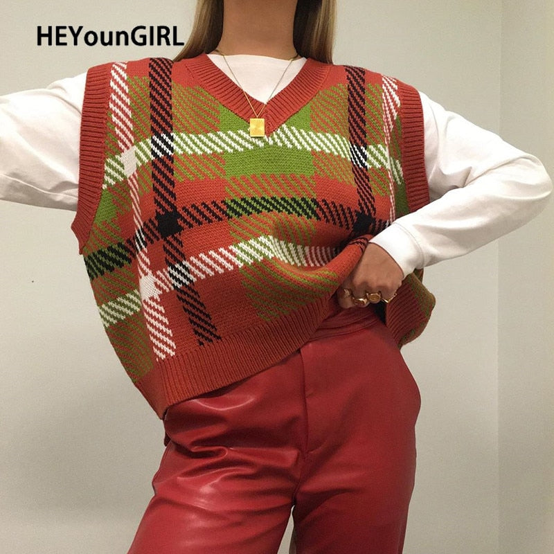 Christmas Gift HEYounGIRL Checkered Sweater Vest Women Plaid Casual Sleeveless Knitted Vests Ladies Preppy Style V Neck Pullover Autumn