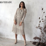 Christmas Gift BGTEEVER Chic Bow Neck Plaid Dress Women 2021 Spring Flare Sleeve Lace-up Pleated Mid-calf Dress Female Chiffon Vestidos femme