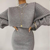 Kukombo Women Elegant Slim Two Piece Sets Female Sweater Dress Autumn Winter High Waist Knitted Ensemble Femme Medium Long Party Dresses