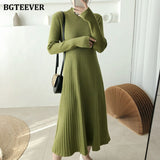 Christmas Gift BGTEEVER Elegant Warm Half Turtleneck Ladies A-line Sweater Dress Full Sleeve Slim Waist Women Knitted Mid-Calf Vestidos Autumn