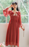 Kukombo French Retro Bow Sweet Embroidered Dress Women 2022 Summer Improved Hanfu Ladies Japanese Square Collar Elegant Gentle Kimono K148