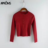 Christmas Gift Aproms Strentch Knitted Short Pullovers Sweater Winter Long Sleeve Slim Crop Top Streetwear Buttons Warm Knitwear Jumper 2021