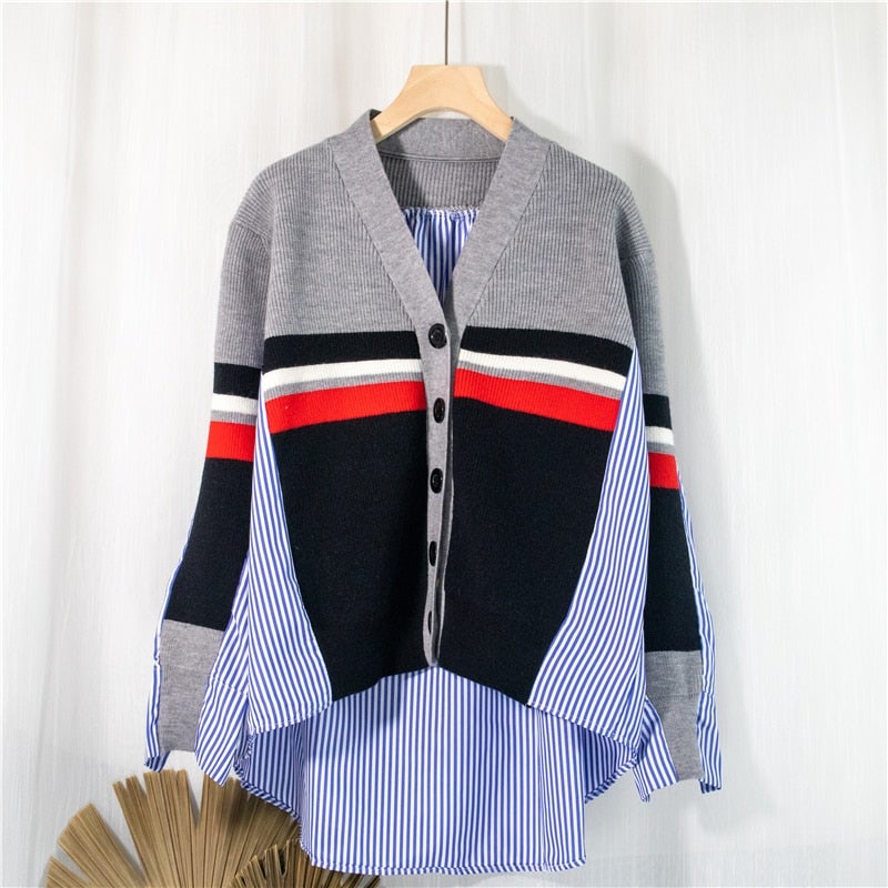 Christmas Gift 2021 Spring Women's Sweaters Patchwork Srtiped Knitting V-Neck Stylish Knitted Button Cardigans Loose Tops SWC1816