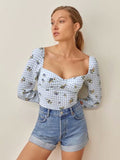 Kukombo Vintage Blue Tartan Floral Print  Women Tops And Blouses Chic Slim Long Sleeve Ropa Mujer Fashion Square Collar Shirt Tops