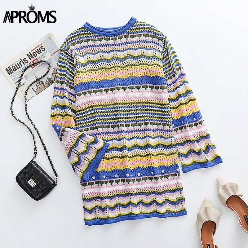 Christmas Gift Aproms Vintage Colorful Crochet Mini Dress Women 2021 Casual Long Sleeve Hollow Out Holiday Beach Fashion Short Dresses Vestidos
