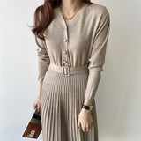 Kukombo New 2022 Spring Women Dress Long Casual Korean Style Single Breasted Pleated V-neck Lace Up knitted Dress DR7248
