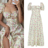 Kukombo Vintage Prairie Chic Floral Dress Women 2022 Fashion Beach Slim Short Puff Sleeve Square Collar Drawstring Split Dresses
