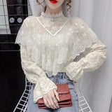 Kukombo Chic Lace Blouse Women's Spring New Long Sleeved Lace Hollow Wood Ears Crocheted Lace Shirt Niche Self Cultivation Tops
