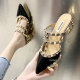 Kukombo 2022 Women Sexy Pointed Toe Heels Slippers Summer Women's Rivets Square Heel Sandals Female Pu Leather Party Work Dress Shoes
