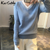 Christmas Gift Autumn V-neck Cashmere Sweater Women Vintage Jumper Blue Knitted Striped Sweaters For Women White Sweater Pullover Winter Warm