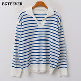 Christmas Gift BGTEEVER Casual Loose V-neck Striped Women Sweater Autumn Winter Knitwear Long Sleeve Knitted Female Pullovers Jumpers 2021