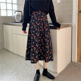Kukombo Floral Corduroy Women Skirts Retro Elegant Casual Ankle-Length Empire Fashion All-Match New Korean Style Chic Daily Spring Soft