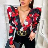 Kukombo 2022 Spring Elegant Boho Print Bodysuits Rompers Women Jumpsuits Puff Sleeve Skinny Sexy V-Neck Bodies Ladies Casual Overalls