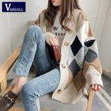 Christmas Gift Plaid Knitted Women Sweater 2021 Winter Fashion V-Neck Single Breasted Female Cardigans Long Sleeve Loose Ladies Sweater