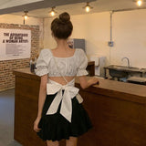 Kukombo Summer New Back Cropped Tops Women French Square Neck Bow Bandage Shirts Female Fashion Blue Puff Sleeve Blouse