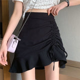Kukombo Skirts Women Irregular Pleated Drawstring Solid Chic Leisure Womens Mini Skirt Korean Style All-Match Sexy Ruffle Sheath Fashion