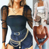Christmas Gift Y2K Women Sexy Casual Solid Color Mesh Patchwork Puff Sleeve Ruched Blouse Stylish Square Neck Blouse Ladies Female Casual Top