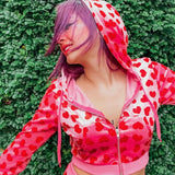 Cute Y2K Pink Velet Hoodies Long Sleeve Cropped Kawaii Pink Heart  90s Women's Vintage Sweatshirts Svitushot Zip Up Top 2021
