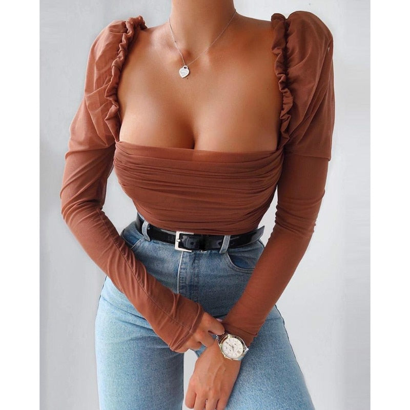 Christmas Gift Y2K Women Sexy Casual Solid Color Mesh Patchwork Puff Sleeve Ruched Blouse Stylish Square Neck Blouse Ladies Female Casual Top