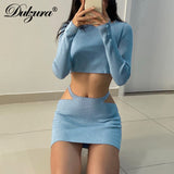 Kukombo ribbed hollow out women 2 piece set crop top long sleeve button mini skirt bodycon sexy streetwear spring autumn co ords