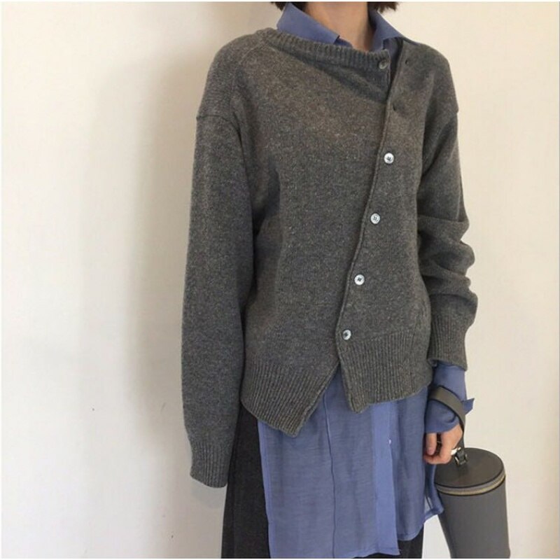 Kukombo Khaki Cardigan for Women Sweater Irregular Knitted Oblique Single Breasted 2023 Spring Clothes Grey Casual Fashion New