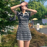 Kukombo Short Sleeve Dress Women Argyle Above Knee Hollow Out BF Casual Slim Clothes Chic Sexy Streetwear Mujer Fashion Design Students