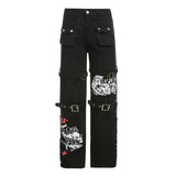 Kukombo Gothic Printed Jeans Casual Cool Streetwear Dark Loose Low Waisted Wid Leg Pants Women Fashion Trousers Autumn Winter