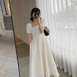 Kukombo Women Summer A-Line Maxi Dresses Korean Fashion Short Sleeve Casual Robe Square Collar Beach Midi Vestido