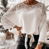 Christmas Gift 2024 Women Autumn Sexy Lace Stitching White Shirts Vintage Plus Size Ladies Tops New Crochet Embroidery Lace Blouse Blusas 12459