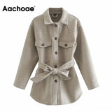 Christmas Gift Women Chic Wool Coats With Belt 2021 Solid Long Sleeve Pockets Shirt Jackets Outerwear Turn Down Collar Elegant Coat