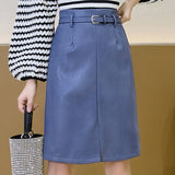 Christmas Gift 2021 Autumn High Waist PU Leather Skirt Mid-length A-line All-match Hip-wrap Skirt Solid Straight Belt Split Pencil Skirts 17102