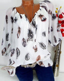 5XL Plus Large Size Women's Blouses Summer Tops New Leisure Blouse White Loose Feather Print V Neck Half Sleeve Shirts Blusas