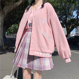 Kukombo Sweet Love Printed Baseball Jacket Women Autumn Winter New Style Plus Velvet Padded Pink Cardigan Jacket Button Up Female