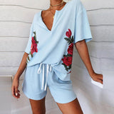 Christmas Gift Summer Fashion Women's Pajamas V-Neck Short Sleeve Tracksuit Print Splicing Sleepwear Set Nightwear Home Suit For Women Clothes