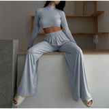Kukombo  Sexy Two Piece Set Women Skinny Turtleneck Long Sleeve Cropped Top And Elastic Wide Leg Pant Suit Elegant Female Solid Tracksuit