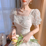 Kukombo  Summer White Fairy Dress Women Elegant French Vintage Lace Sweet Midi Dress Chic Short Sleeve Princess Party Dress 2022