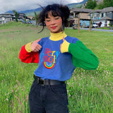 Rainbow Letter Print Oversize Hoodies Women Color Patchwork Long Sleeve Pullove Streetwear Autumn Aesthetic Sweatshirt