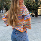 Christmas Gift HEYounGIRL Rainbow Striped Casual Knitted Cropped Cardigan  Vintage Fashion Long Sleeve Sweater Women Autumn Jumpers Ladies