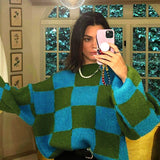 Kukombo Geometric Cube Pullovers Sweaters Autumn Winter Loose Oversized O-Neck Contrast Color Knitted Sweaters Korean College Jumper