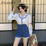 Kukombo 2022 Autumn New Short Sets Women Navy Collar Printed Long Sleeved Shirt + Lace Stitching Shorts Two-Piece Suit Female