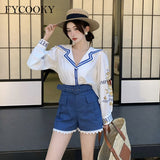Kukombo 2022 Autumn New Short Sets Women Navy Collar Printed Long Sleeved Shirt + Lace Stitching Shorts Two-Piece Suit Female