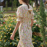 Christmas Gift Women Summer Floral Print Boho Long Midi Dresses Puff Sleeve V-Neck Vintage Beach Vestido Femme Single Breasted A-Line Dress