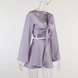Kukombo Women's Suit with Dress Sets  Solid Color  Asymmetrical Criss-Cross Lace-up Flare Long Sleeve  Summer Sexy Above Knee Mini Dress