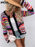 Christmas Gift Aproms Elegant Rainbow Colored Long Sleeve Knit Cardigan Women Autumn Hollow Out Oversized Sweater Female Fashion Outerwear 2021