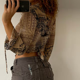 Rockmore Fairy Grunge Print Crop Top Women'S Flare Sleeve Tshirts Aesthetic Retro Harajuku Tie Up V-neck Tee 90s Vintage Clothes