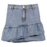 Kukombo Preppy Style Casual Zipper Fly Safety Short Denim Skirt Summer Streetwear Ruffles High Waist Mini Jeans Skirt For Women