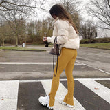 Kukombo Women Solid Chic Pants Casual Skinny Slit Sport Trousers Long Pants