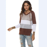Kukombo 2022 New Female Hoodies Autumn Women Patchwork Hooded Sweater Long Sleeve V-neck Knitted Sweater Casual Striped Pullover Jumpers